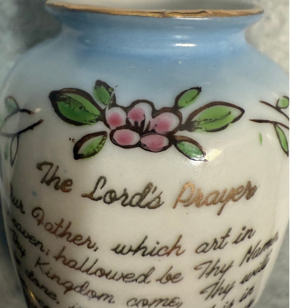 VTG Lord's Prayer‎ Mini Vase Floral Hand Painted Porcelain Blue Gilt Rim Collect - Picture 11 of 15